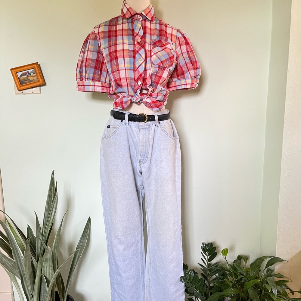 70/80s Montgomery ward plaid top with puff sleeve